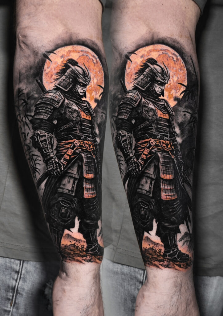 Tatuaż samuraja na przedramieniu - Electric Sheep Tattoo Szczecin